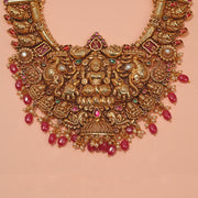 Long Antique Silver Necklace with Lakshmi Devi Design and Stone Beads