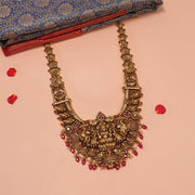 Long Antique Silver Necklace with Lakshmi Devi Design and Stone Beads