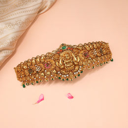 Silver Lakshmi Devi Vaddanam with Floral Detailing and Kundans