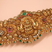 Silver Lakshmi Devi Vaddanam with Floral Detailing and Kundans