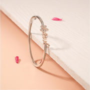 Trendy Silver Kada with Floral HIghlight and Engraved Love in Rose Gold Polish