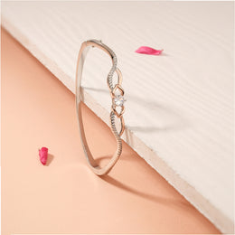 Party Wear Silver Kada with White Stone and Rose Gold Polish