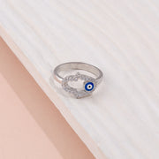 Evil Eye Hamsa Hand Silver Finger Ring with Sparkling Stones
