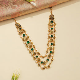 Silver Nakshi Mala with Green Stone Highlights and Pearls