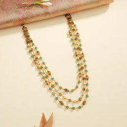 Antique Silver Nakshi Mala with Green Stone and Pearl Highlights
