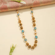 Silver Antique Beaded Mala with Blue Floral Accents and Pearls