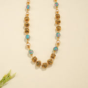 Silver Antique Beaded Mala with Blue Floral Accents and Pearls