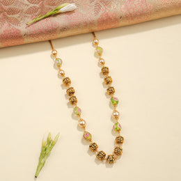 Antique Silver Beaded Mala with Green-Pink Floral Beads and Pearls