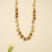 Antique Silver Beaded Mala with Green-Pink Floral Beads and Pearls