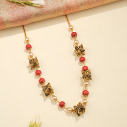 Antique Silver Butterfly Mala with Red Beads and Pearls