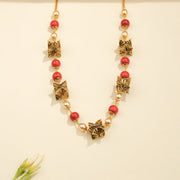 Antique Silver Butterfly Mala with Red Beads and Pearls