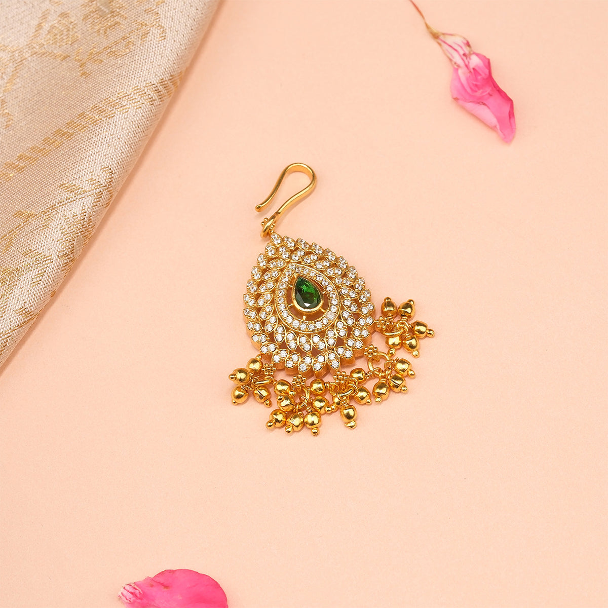 Silver and Kundan Maang Tikka with Gold Bead Hangings – Padmam