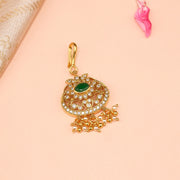 Silver and Kundan Maang Tikka with Green Stone Highlight