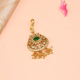 Silver and Kundan Maang Tikka with Green Stone Highlight
