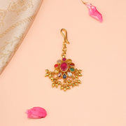 Silver Navratna Maang Tikka with Floral Design