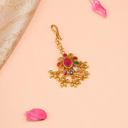 Silver Navratna Maang Tikka with Floral Design