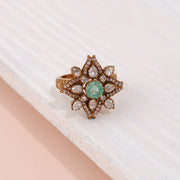 Vintage Emerald Bloom Floral Silver Ring with Sparkling Zircon