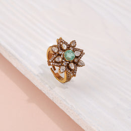 Vintage Emerald Bloom Floral Silver Ring with Sparkling Zircon
