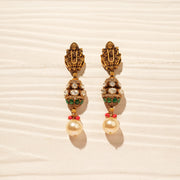Antique Silver Lakshmi Devi Earrings with Pearl Hangings