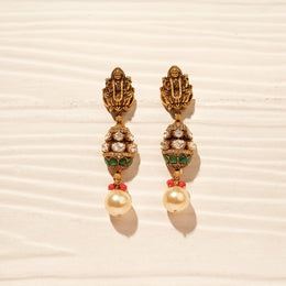 Antique Silver Lakshmi Devi Earrings with Pearl Hangings
