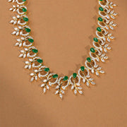 Silver CZ Necklace with Leaf Design and Green Stones