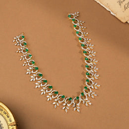 Silver CZ Necklace with Leaf Design and Green Stones