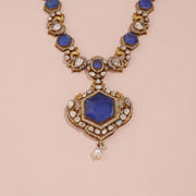Royal Blue Sapphire Polki Statement Necklace with Pearl Drop