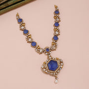Royal Blue Sapphire Polki Statement Necklace with Pearl Drop