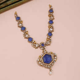 Royal Blue Sapphire Polki Statement Necklace with Pearl Drop