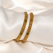 Antique Silver Bangles with Floral Motif and Green Stone Highlights