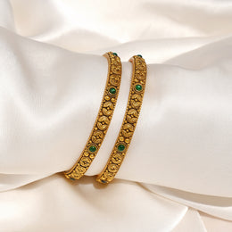 Antique Silver Bangles with Floral Motif and Green Stone Highlights