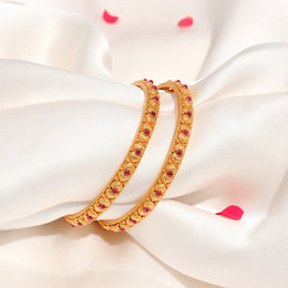 Traditional Temple Finish Silver Bangles with Red Stone HIghlights