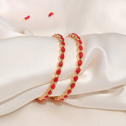 Simple Pearl Design Silver Bangles with Red Stone Highlights