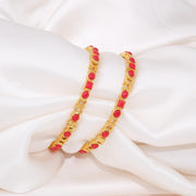 Elegant Ruby Stone Gold Bangles with Geometric Motifs