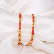 Elegant Ruby Stone Gold Bangles with Geometric Motifs