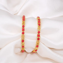 Elegant Ruby Stone Gold Bangles with Geometric Motifs