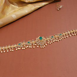 Elegant Silver CZ Vaddanam with Blue Stone Highlights & Pearl Drops