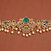Elegant Silver CZ Vaddanam with Blue Stone Highlights & Pearl Drops