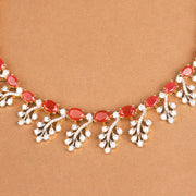 Elegant Silver Red Stone Neckalce with Leaf Design