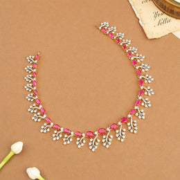 Elegant Silver Red Stone Neckalce with Leaf Design
