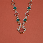 Stone-Studded Silver Peacock and Floral Necklace