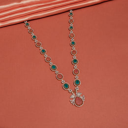 Stone-Studded Silver Peacock and Floral Necklace