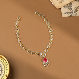 Royal Silver CZ Neckalce with Florets and Red Stone Pendant