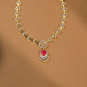 Royal Silver CZ Neckalce with Florets and Red Stone Pendant