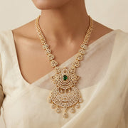 Floral Silver Necklace with CZs and Green Stone Pendant