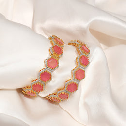 Party Wear Silver Bangles with Red Stone & CZs Studded in Hexagon Pattern