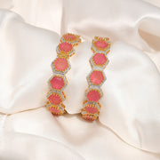 Party Wear Silver Bangles with Red Stone & CZs Studded in Hexagon Pattern