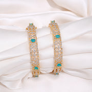 Elegant Aqua Stone and Zircon Floral Design Silver Bangles