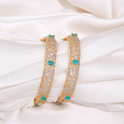 Elegant Aqua Stone and Zircon Floral Design Silver Bangles