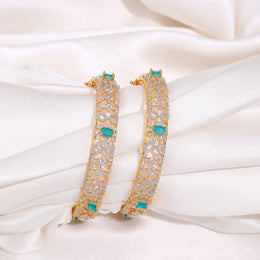 Elegant Aqua Stone and Zircon Floral Design Silver Bangles